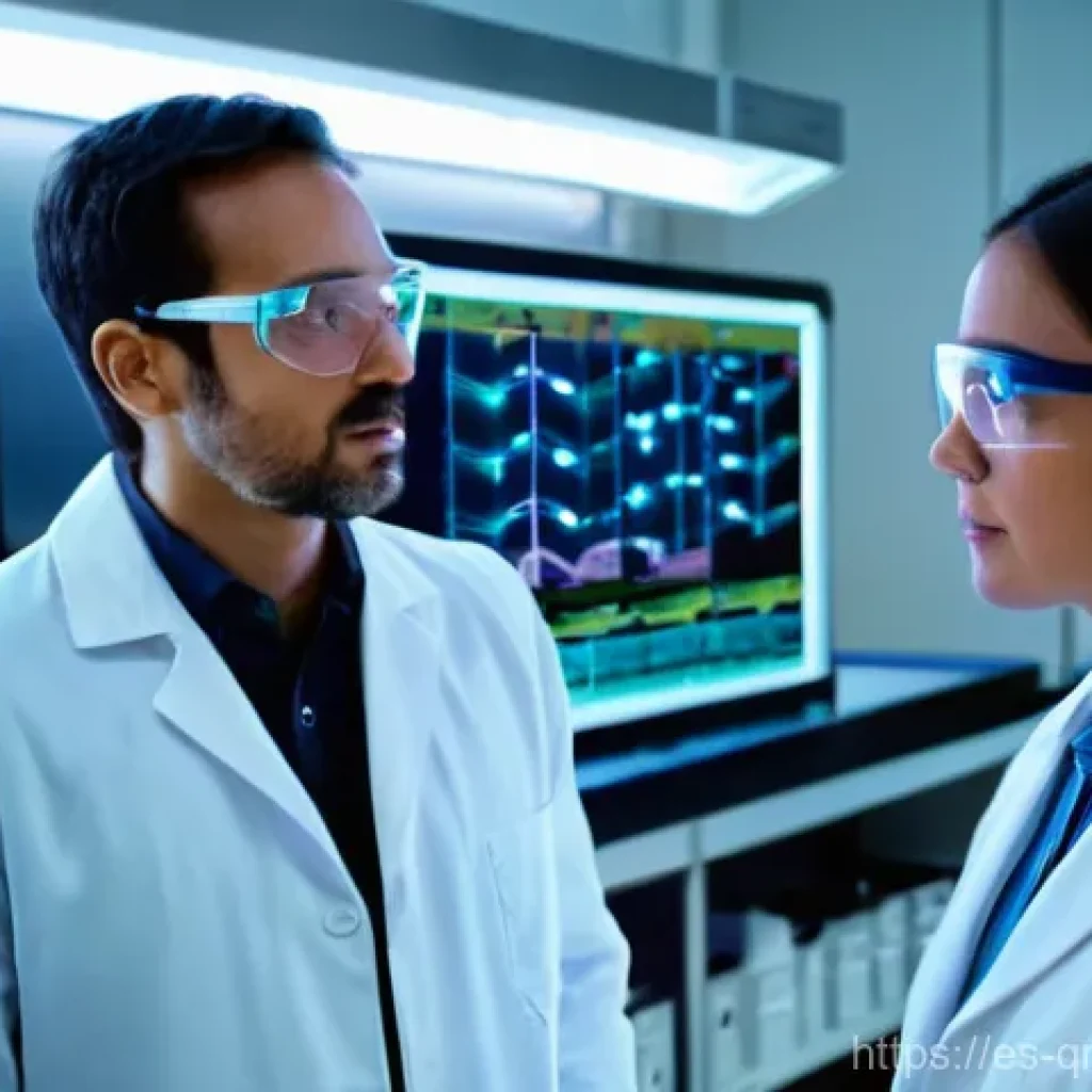 양자 알고리즘의 실제 사례 분석 - Quantum-Accelerated Drug Discovery Lab**
* **Scene:** A brightly lit, state-of-the-art pharmaceut...