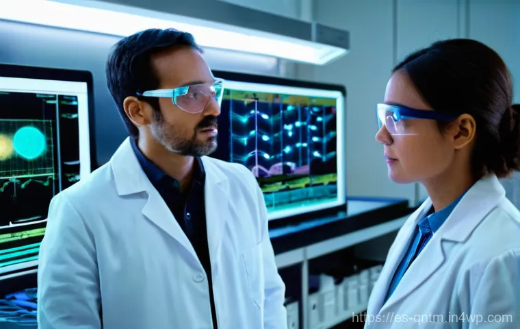양자 알고리즘의 실제 사례 분석 - Quantum-Accelerated Drug Discovery Lab**
* **Scene:** A brightly lit, state-of-the-art pharmaceut...