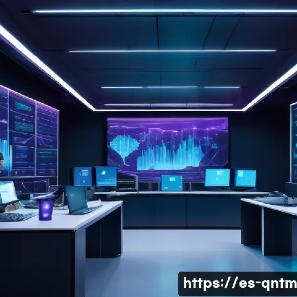 양자 컴퓨팅과 통계학의 접목 가능성 - A futuristic laboratory setting with diverse scientists and data analysts collaborating around a lar...