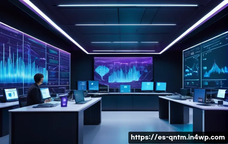 양자 컴퓨팅과 통계학의 접목 가능성 - A futuristic laboratory setting with diverse scientists and data analysts collaborating around a lar...