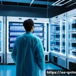 양자 컴퓨터의 장애물과 극복 방법 - A futuristic quantum computing laboratory featuring ultra-cold dilution refrigerators with glowing b...