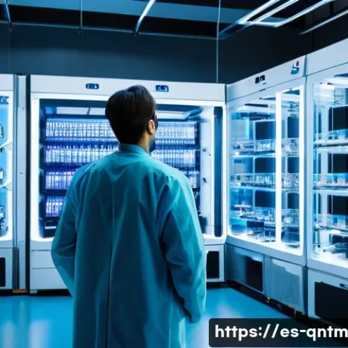 양자 컴퓨터의 장애물과 극복 방법 - A futuristic quantum computing laboratory featuring ultra-cold dilution refrigerators with glowing b...