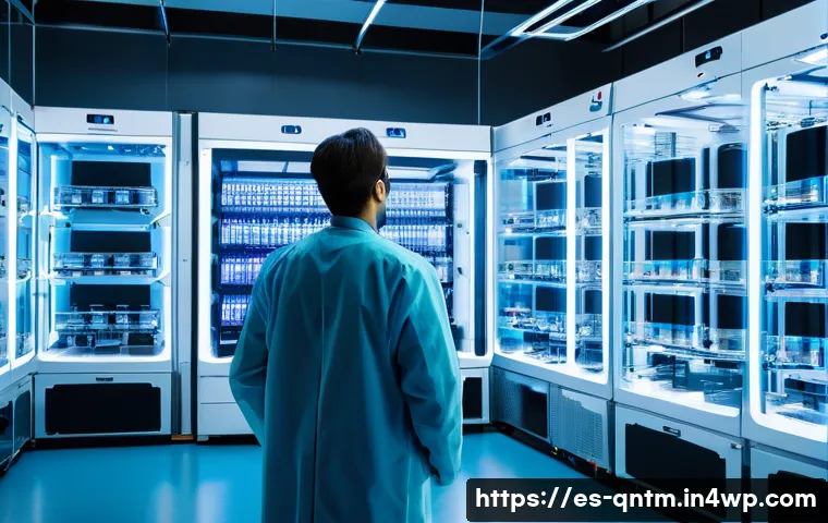 양자 컴퓨터의 장애물과 극복 방법 - A futuristic quantum computing laboratory featuring ultra-cold dilution refrigerators with glowing b...