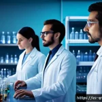 양자 컴퓨팅의 실용적 적용 사례 - A futuristic pharmaceutical laboratory scene showcasing advanced molecular simulation using quantum ...