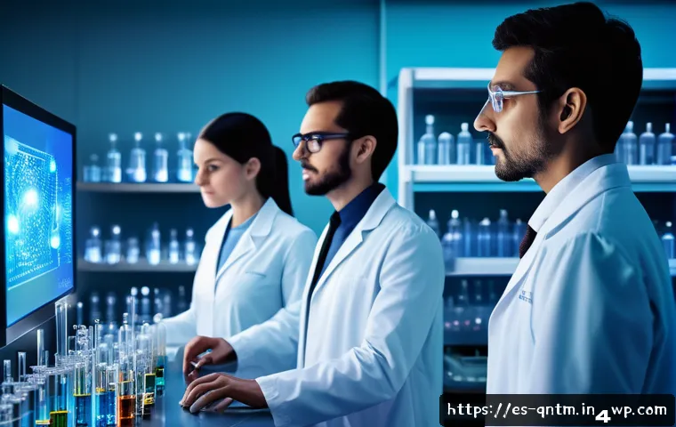 양자 컴퓨팅의 실용적 적용 사례 - A futuristic pharmaceutical laboratory scene showcasing advanced molecular simulation using quantum ...