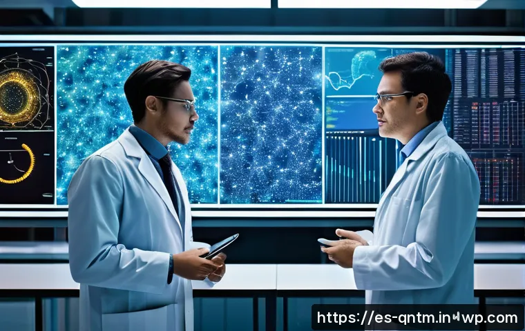양자 알고리즘의 통계적 방법론 - A futuristic laboratory setting where diverse scientists and data analysts collaborate around a larg...