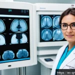 양자 컴퓨터의 실용적 활용 사례 - A modern hospital imaging room in Barcelona, Spain, showcasing a sleek MRI machine operated by a pro...