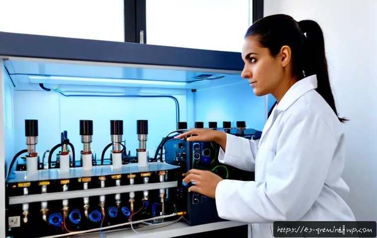 양자 컴퓨터의 전력 효율성 연구 - Photorealistic quantum computing energy-efficiency research laboratory in Spain, a Hispanic female s...
